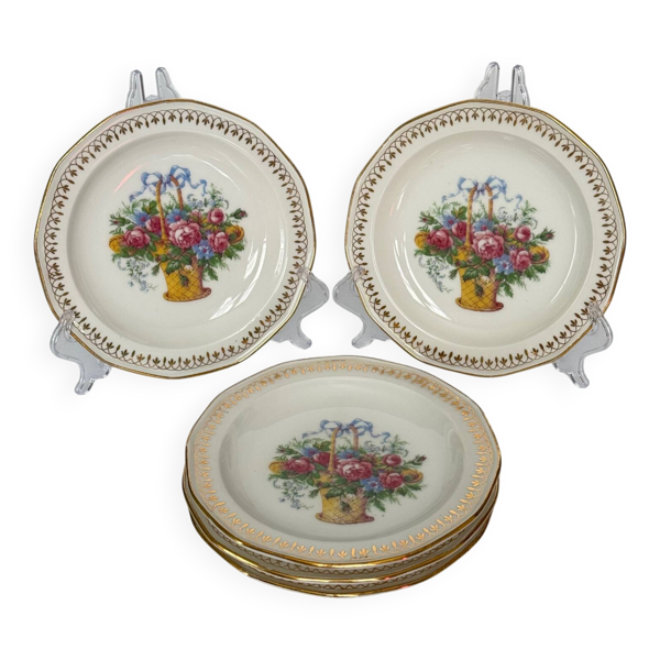 5 Assiettes à Dessert en Porcelaine de Limoges Nœud, Fleurs et Panier