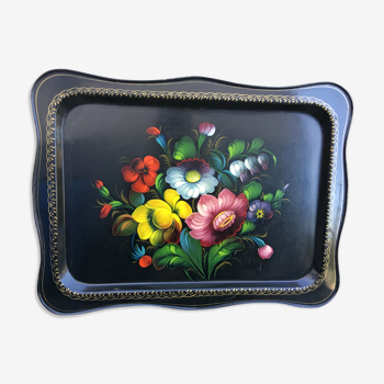 Metal tray painted flowers, Russian art