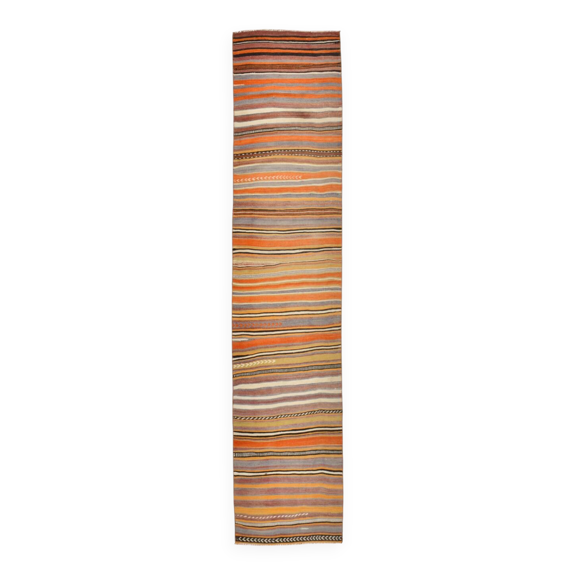 2x10 Pistriped Orange & Green Vintage Kilim Runner Rug, 69x325Cm