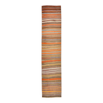 2x10 Pistriped Orange & Green Vintage Kilim Runner Rug, 69x325Cm
