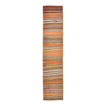 2x10 Pistriped Orange & Green Vintage Kilim Runner Rug, 69x325Cm
