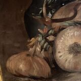 Oil painting on canvas signed J. Fleury-Bin Still Life with pewter and onions