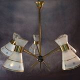 Lustre design diabolo en verre dépoli et ciselé décor floral 1950's