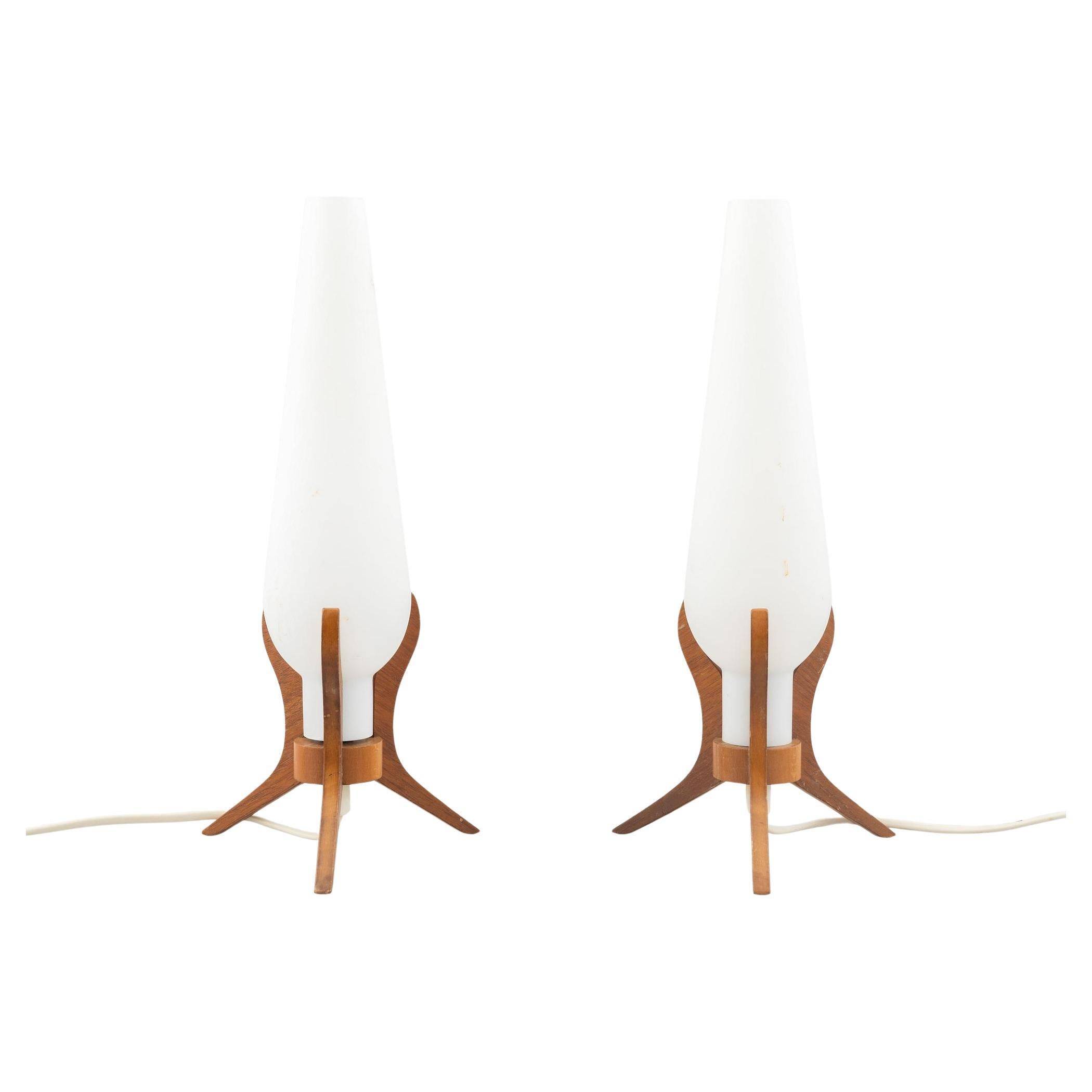 Pair of Orrefors desk lamps in teak and glass, Sweden 1960.