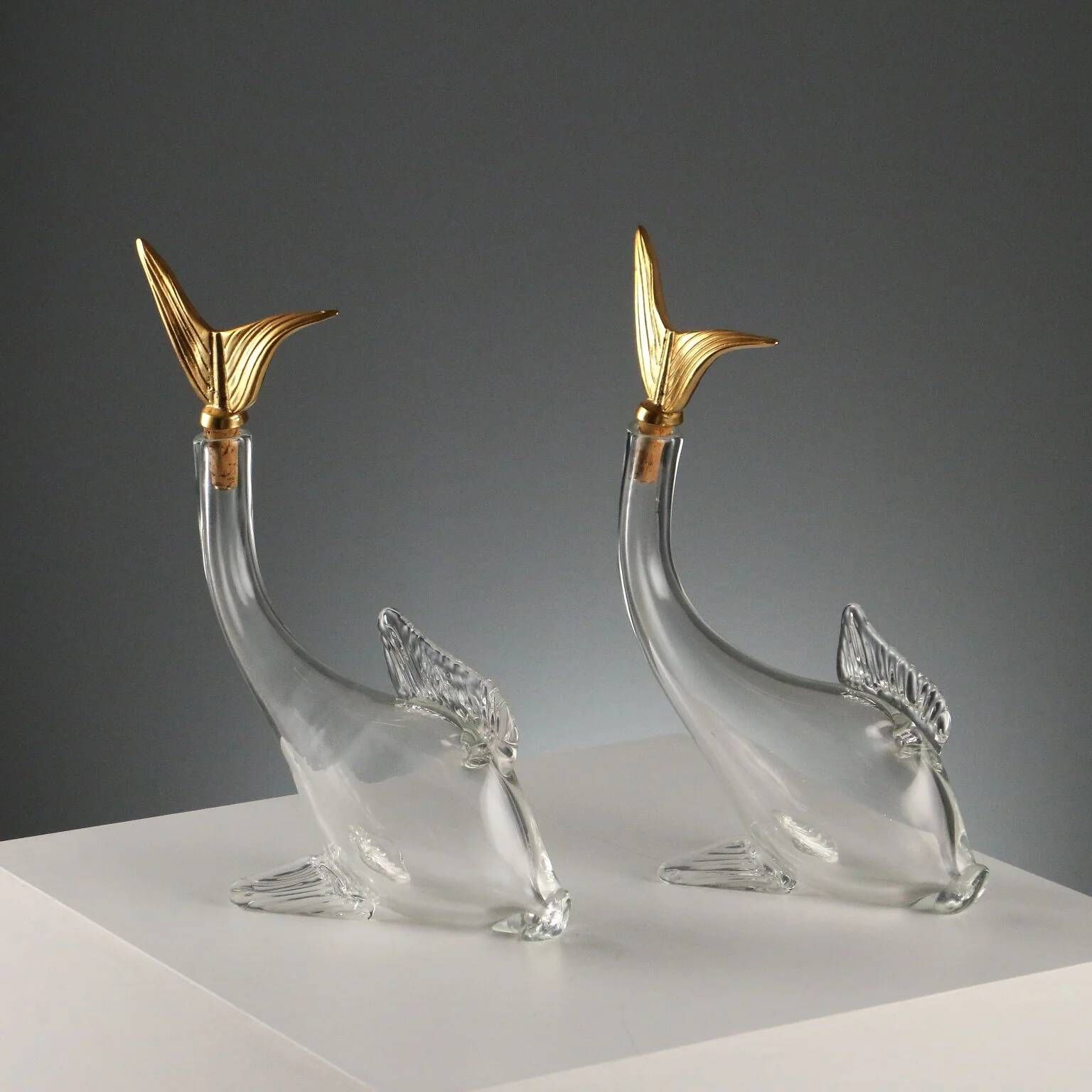 Vintage glass carafes from Murano and gold metal, Italy, 1980s.