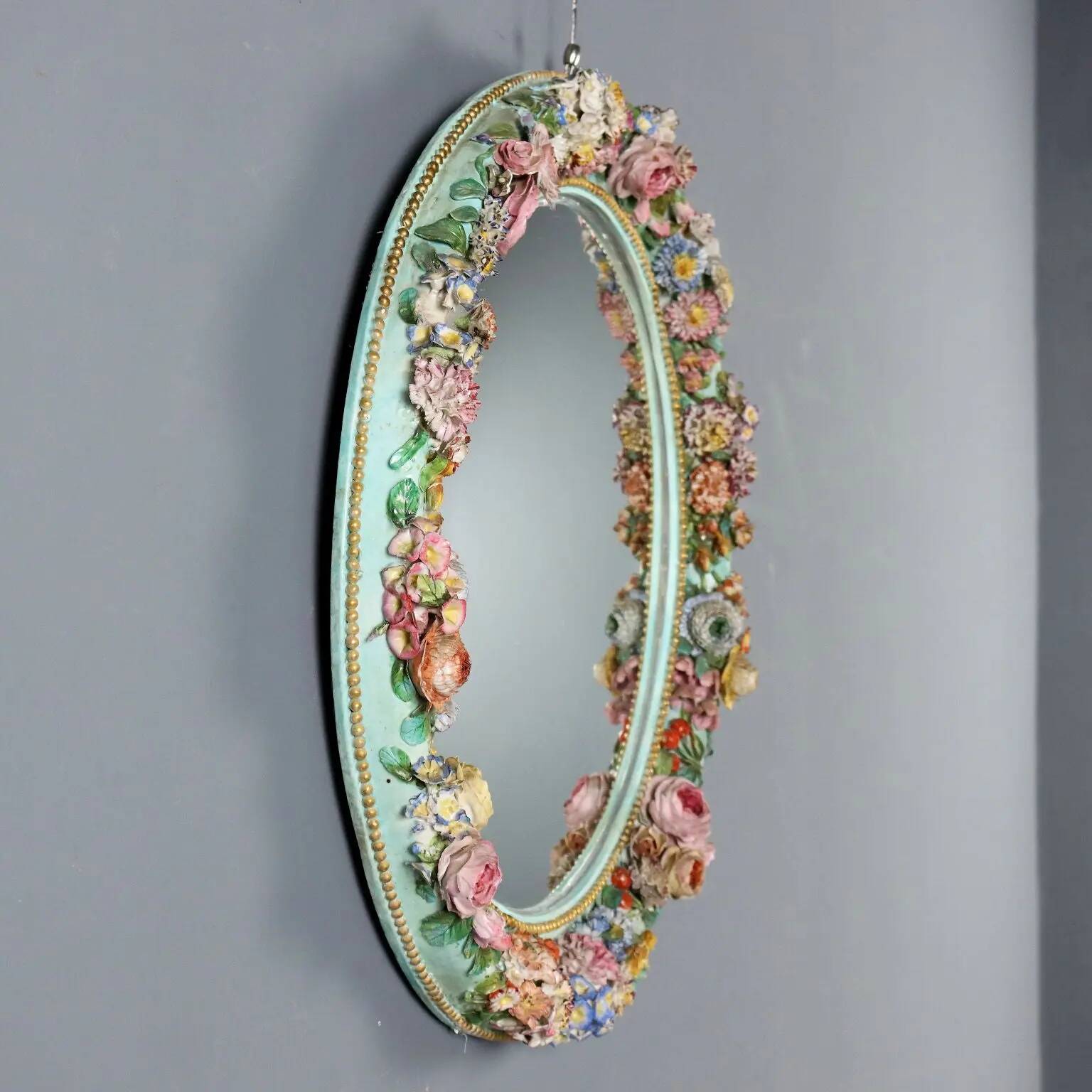 Antique ceramic mirror with floral decoration, 19th century