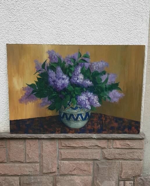 Paul blin (20th century) large oil on isorel – bouquet of lilacs 101 × 68