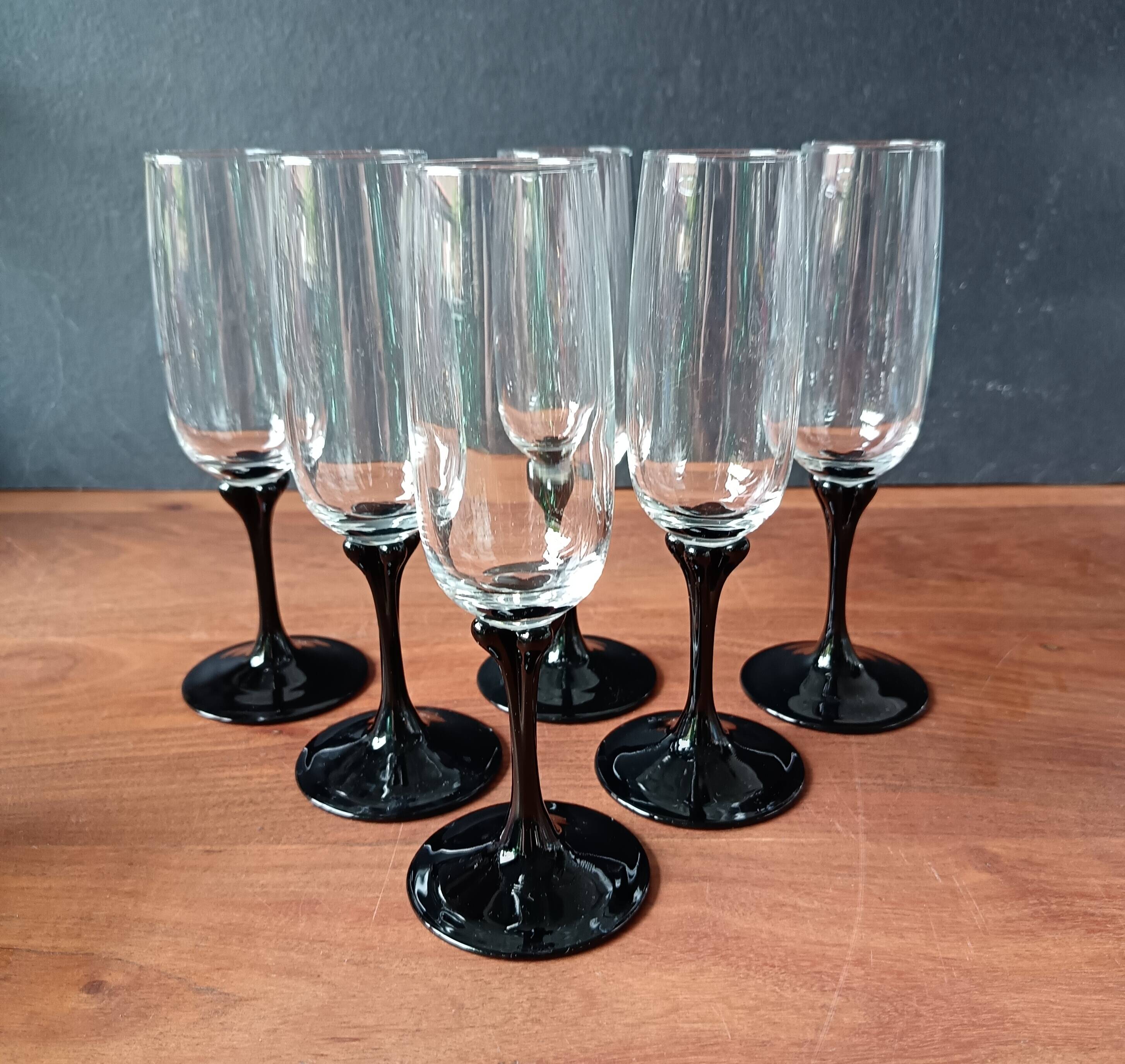 6 vintage black opaline footed flutes