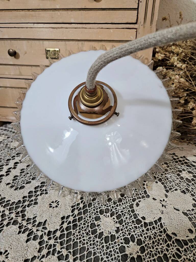 Old pendant lamp in pleated white opaline