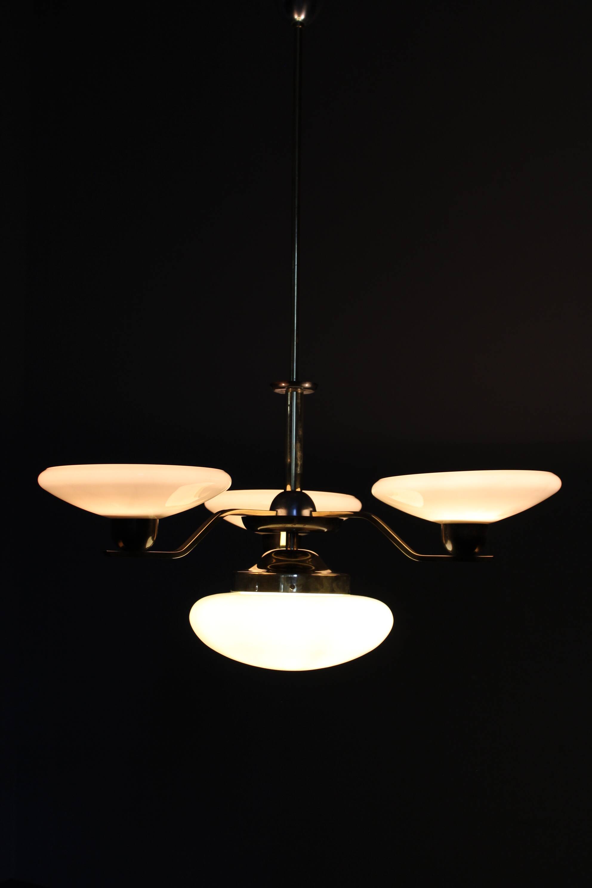 Art Deco brass and aluminum chandelier with cream glass, Czechoslovakia 1930s