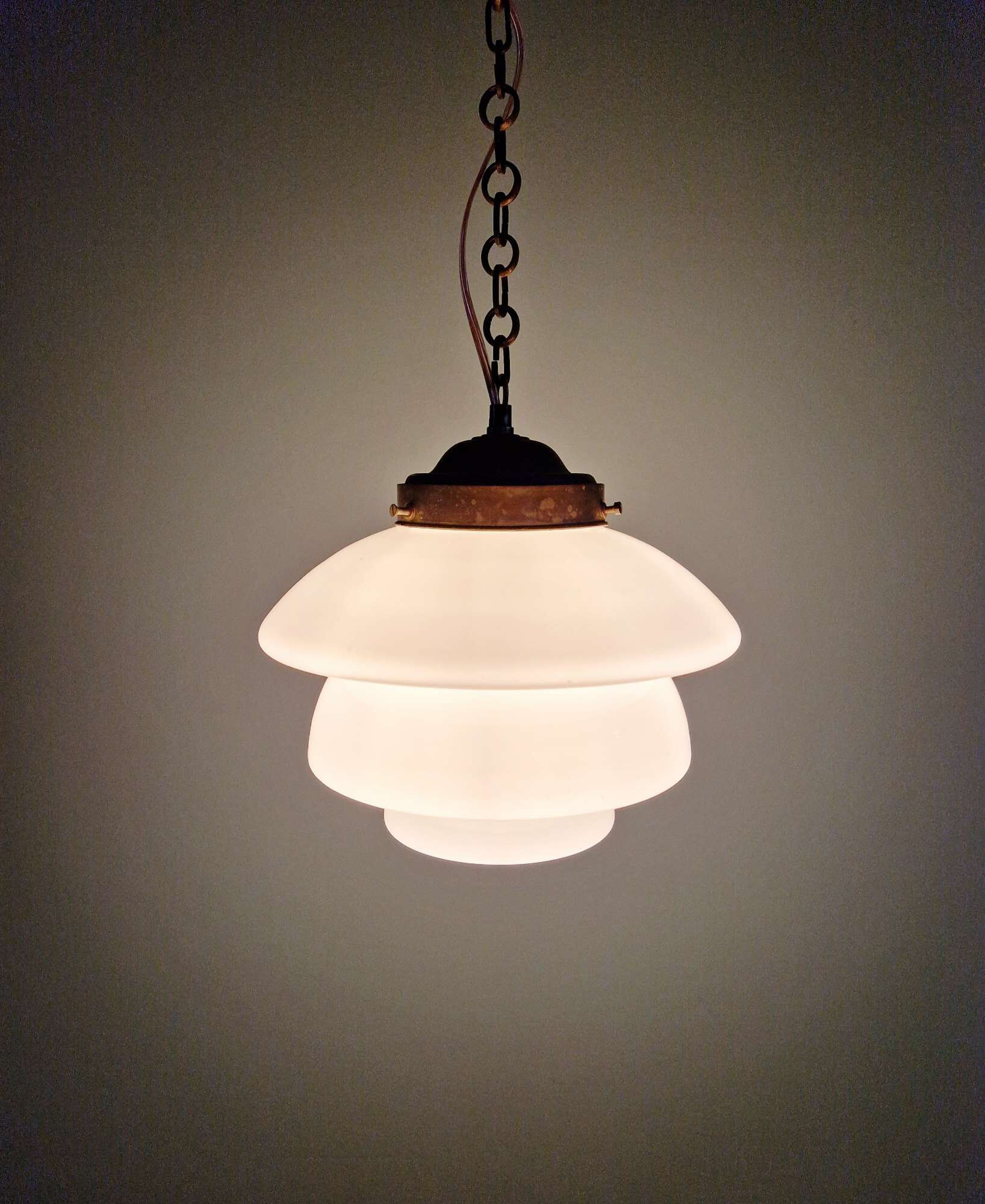 Art Deco pendant light in white opaline and copper frame, 1920s-30s