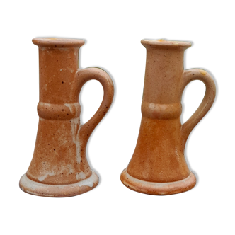 Duo of candlesticks in hand-crafted sandstone, raw and clean, mid-20th