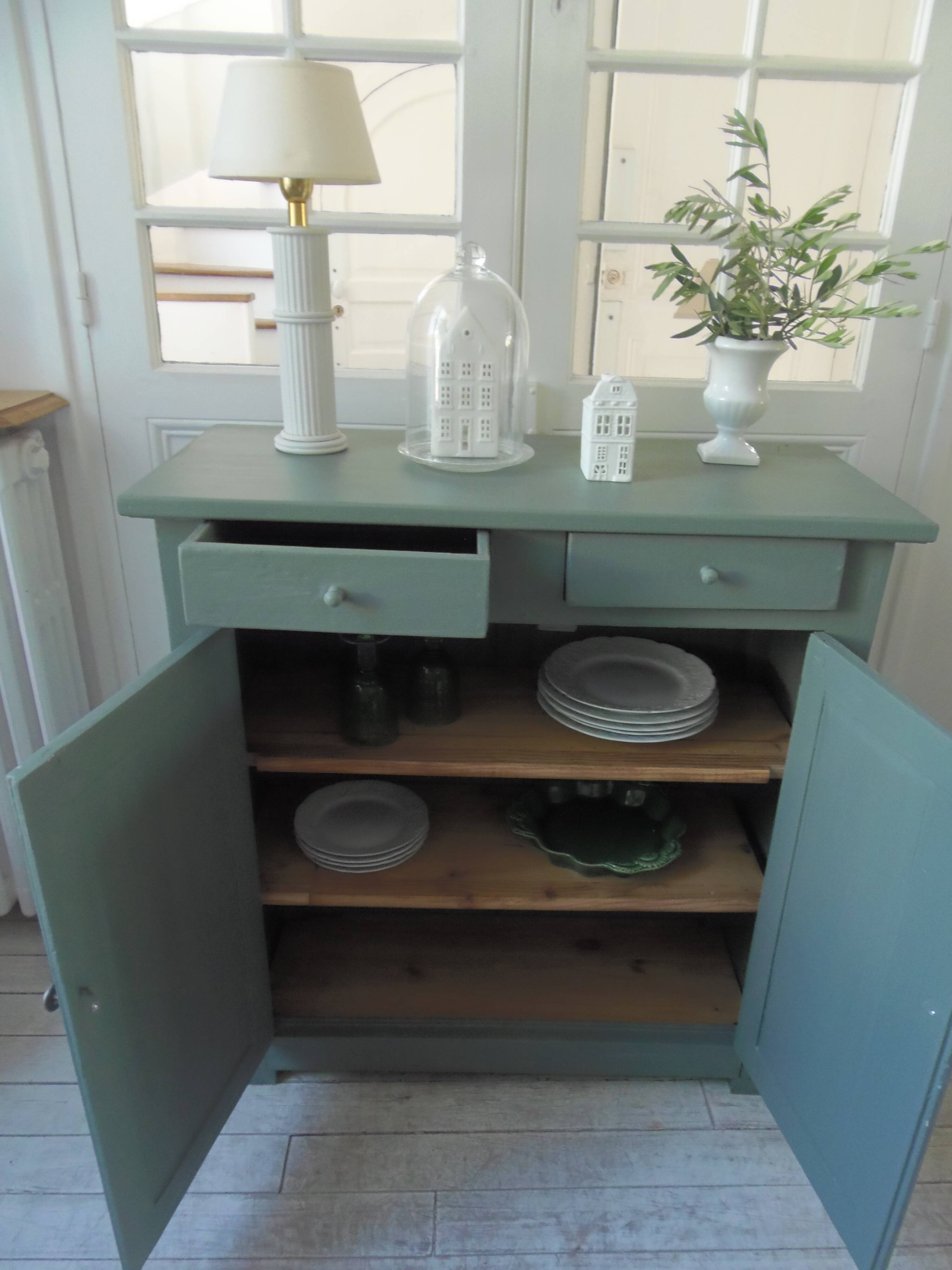Vintage Parisian sideboard with 2 doors and 2 drawers, re-enchanted in smoky green.