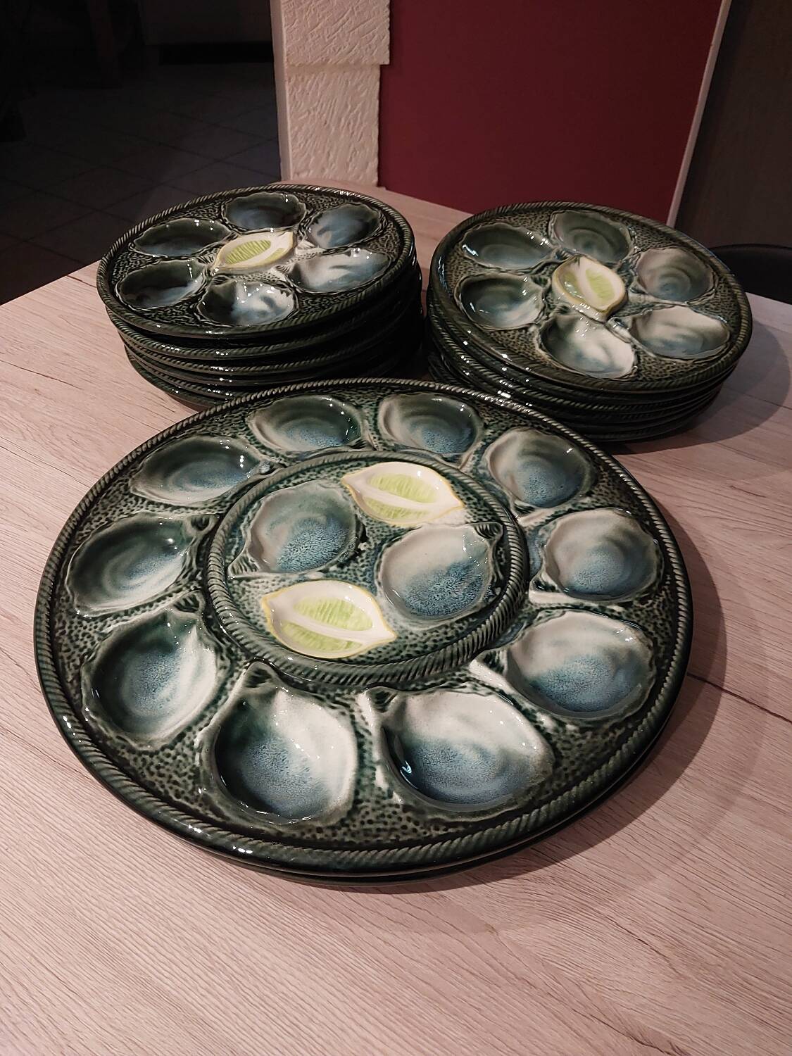 2 dishes and 12 oyster plates