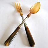 Antique horn salad cutlery – shell decoration 1900