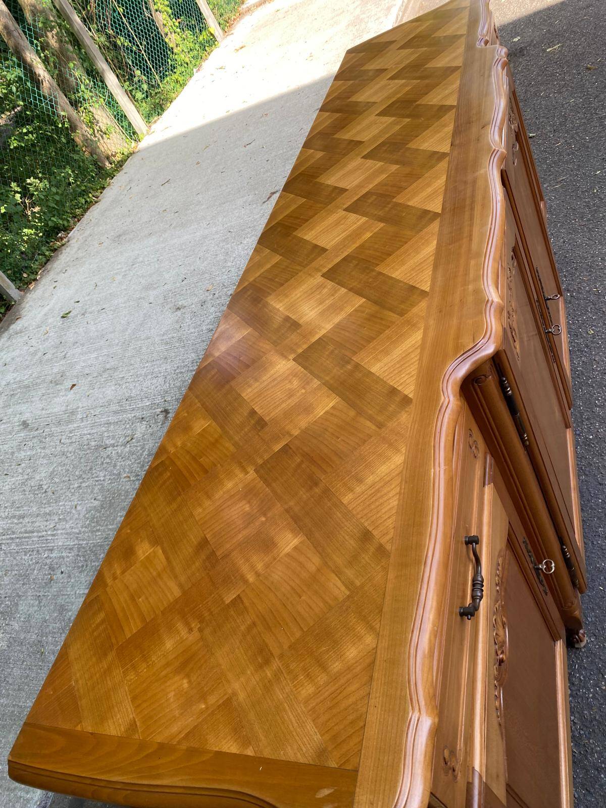 Light solid wood enfilade with Louis XV marquetry, 1950, 230cm.