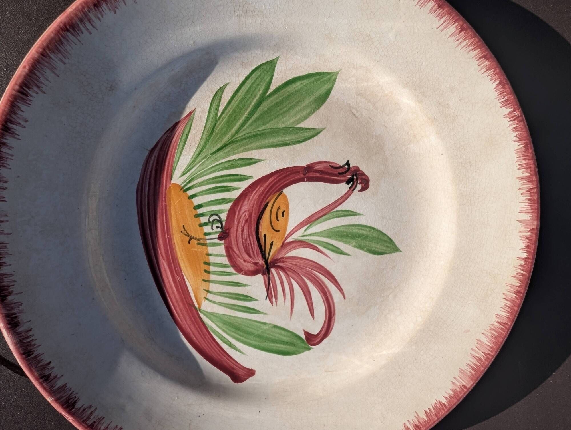 Old deep plate, rooster decoration, in Sarreguemines Digoin ceramic.