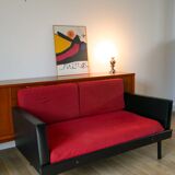Day Bed sofa in skai, red mottled fabric and black metal 1950