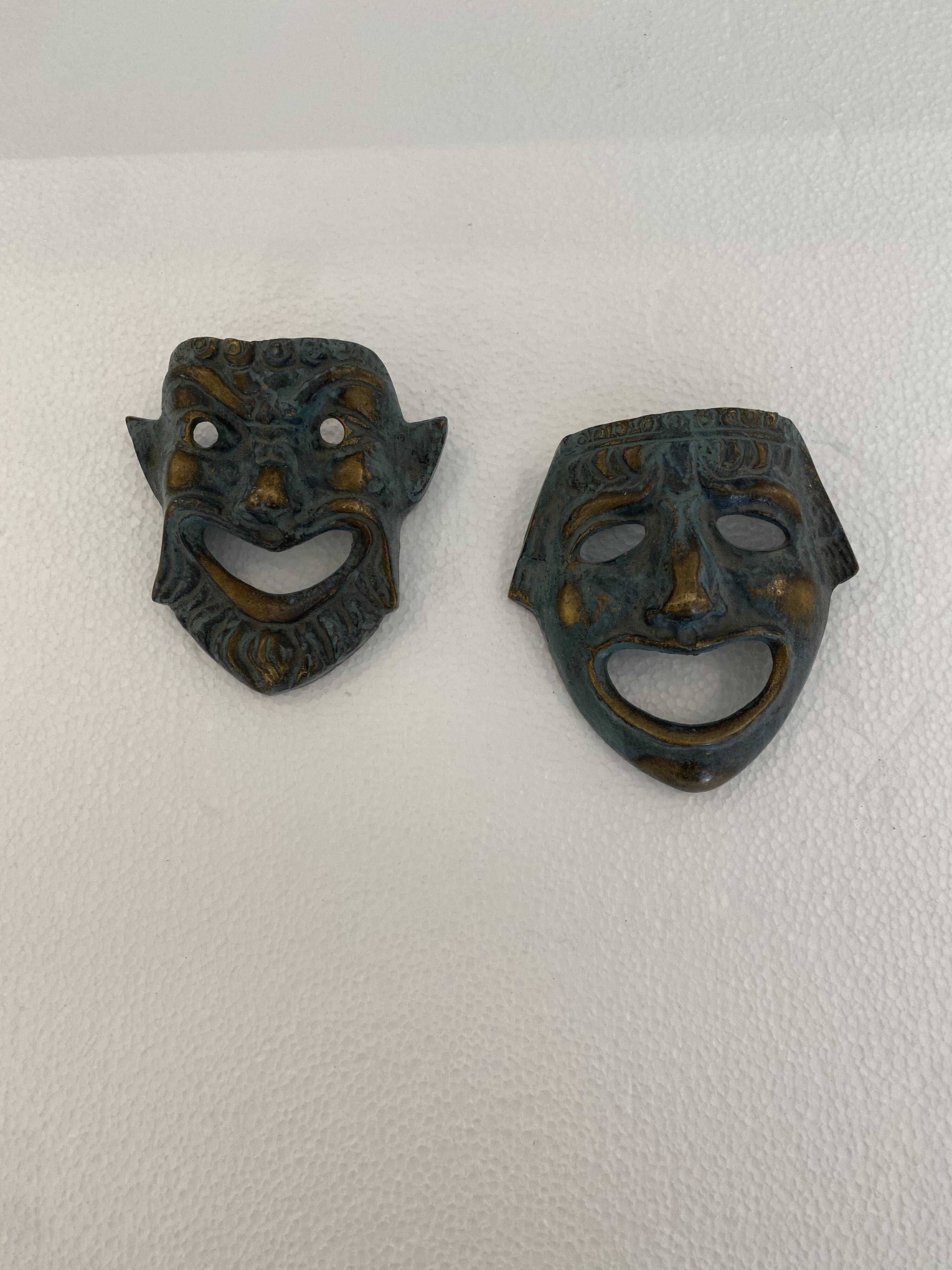 Pair of Small Decorative Bronze/Brass Greek Theatre Masks Wall Hangings, 19
