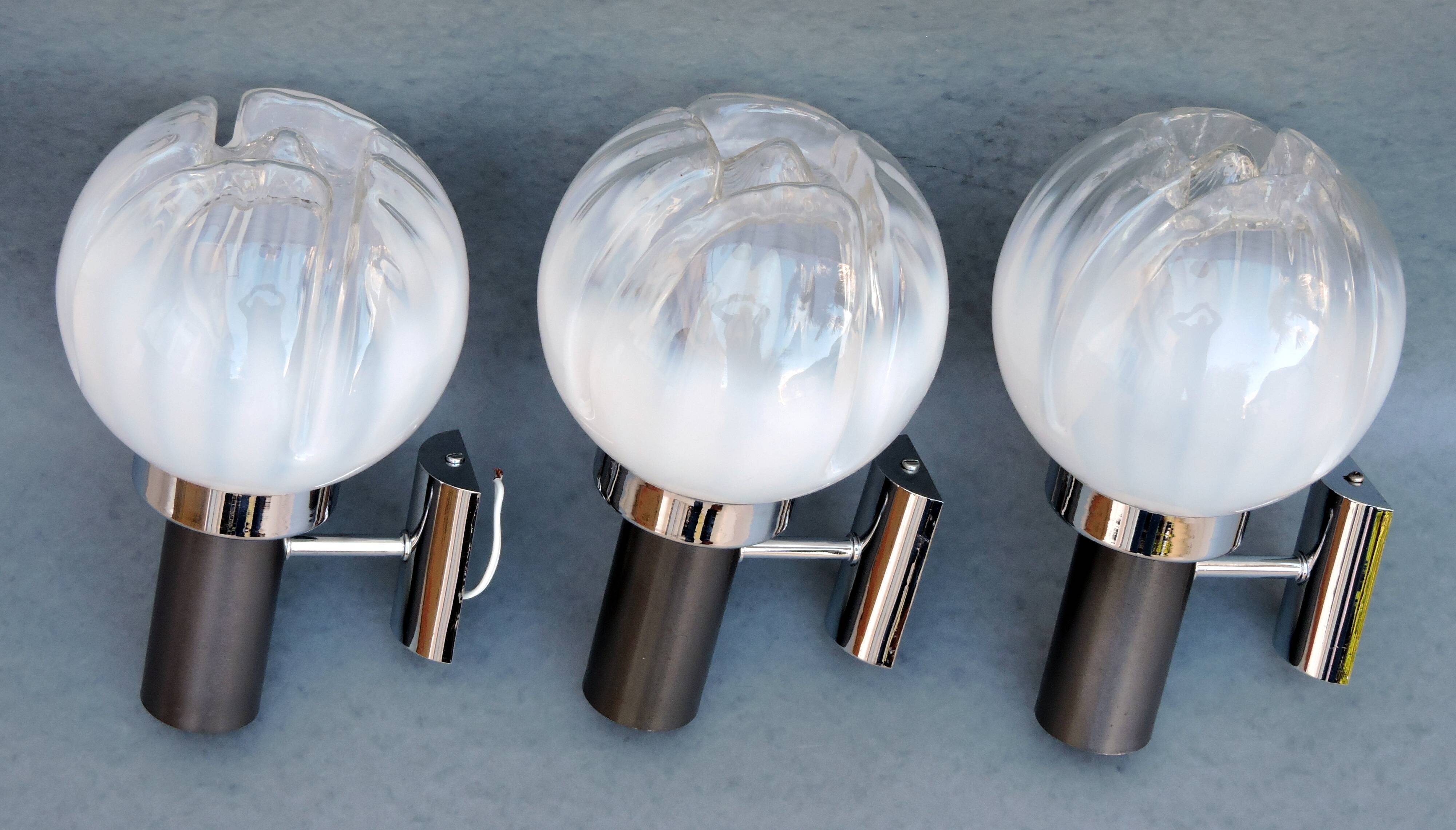 Three vintage wall lamps mazzega opalescent murano italy, year 70