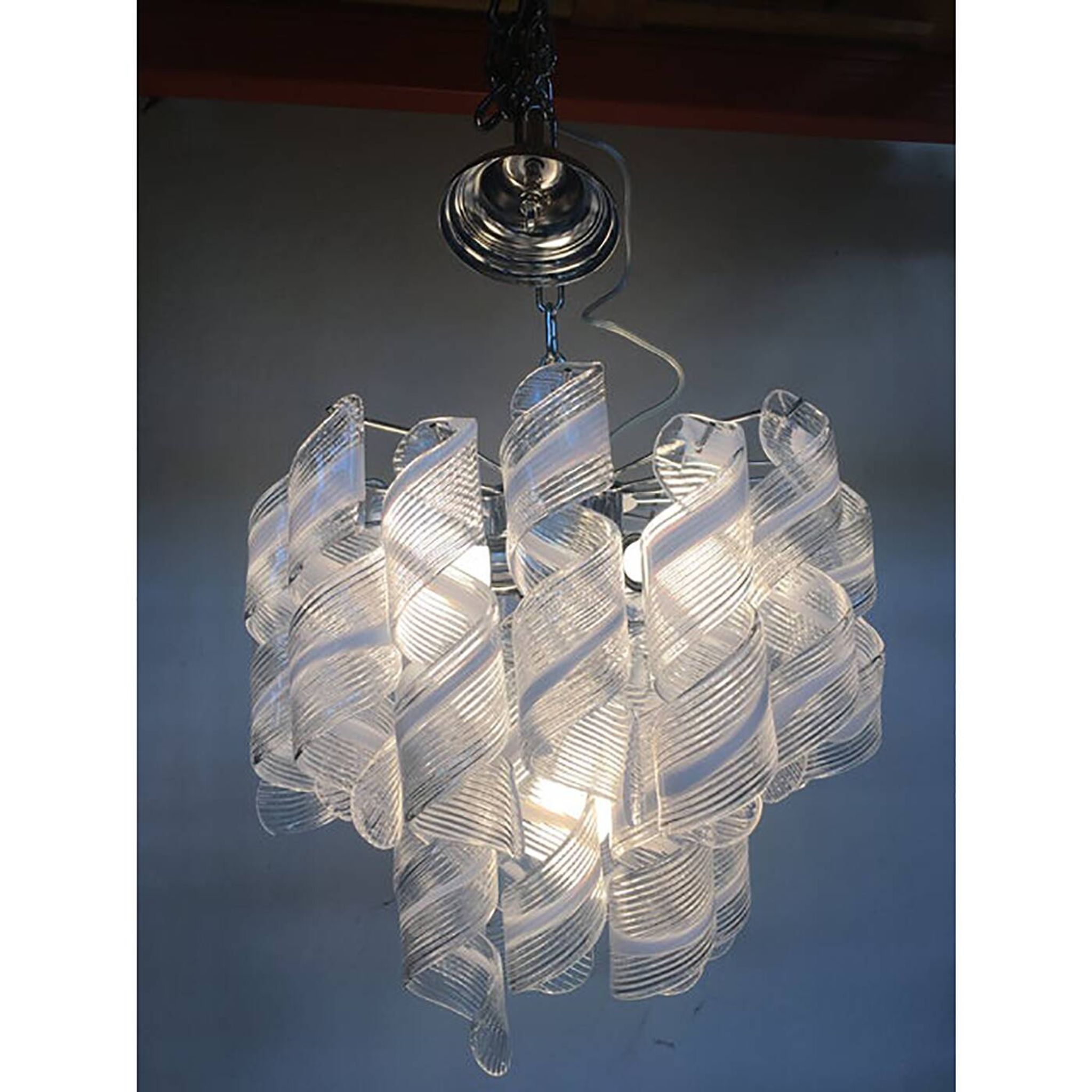 Murano Glass Sputnik Chandelier With Swirling Italian Glass Clear and White