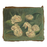 Painting representing white flowers on a background of greenery