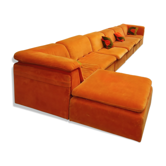 Canapé d'angle modulable en velours orange, design années 70, avec coussin