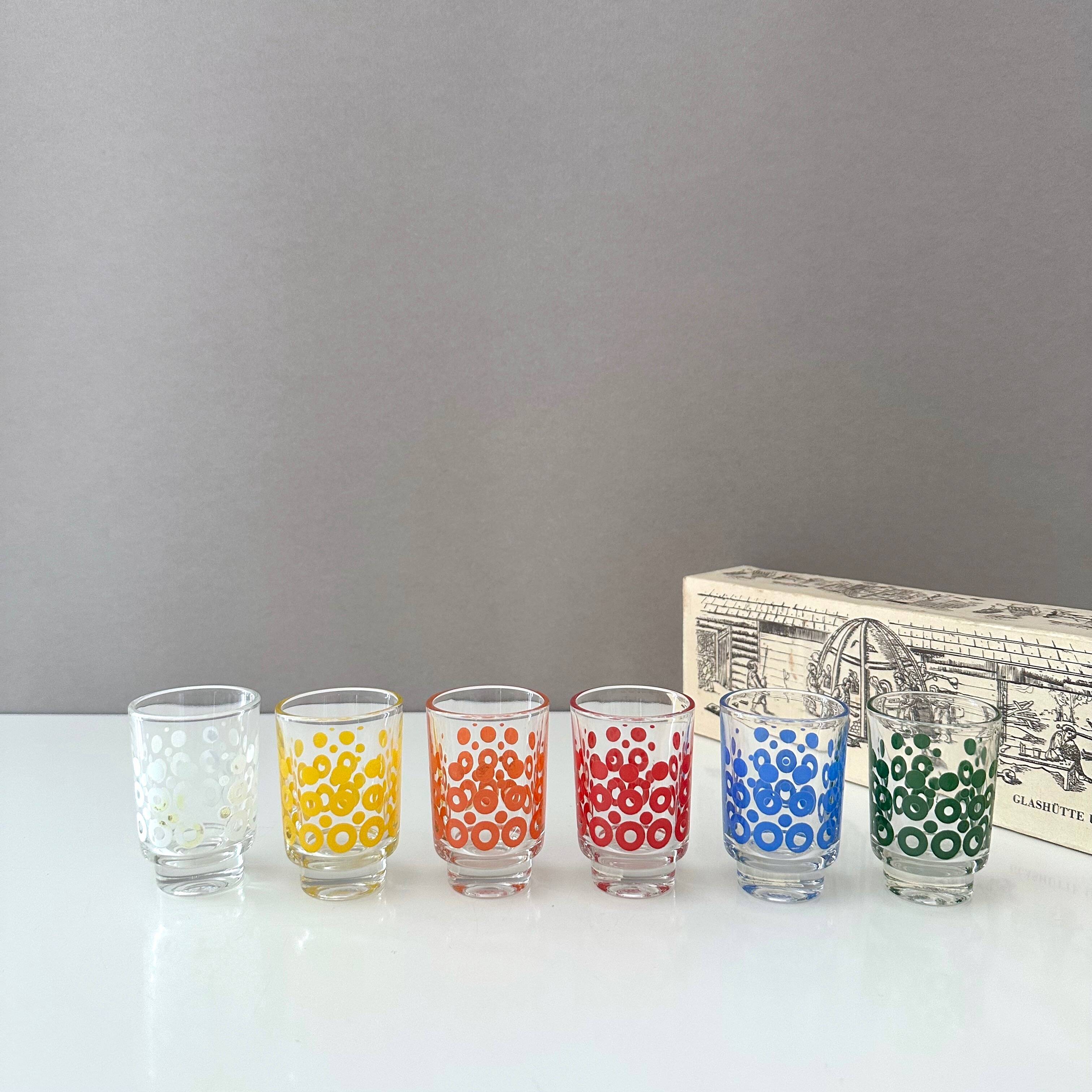 6 colourful vintage glasses, shot glasses Glashütte, 70's