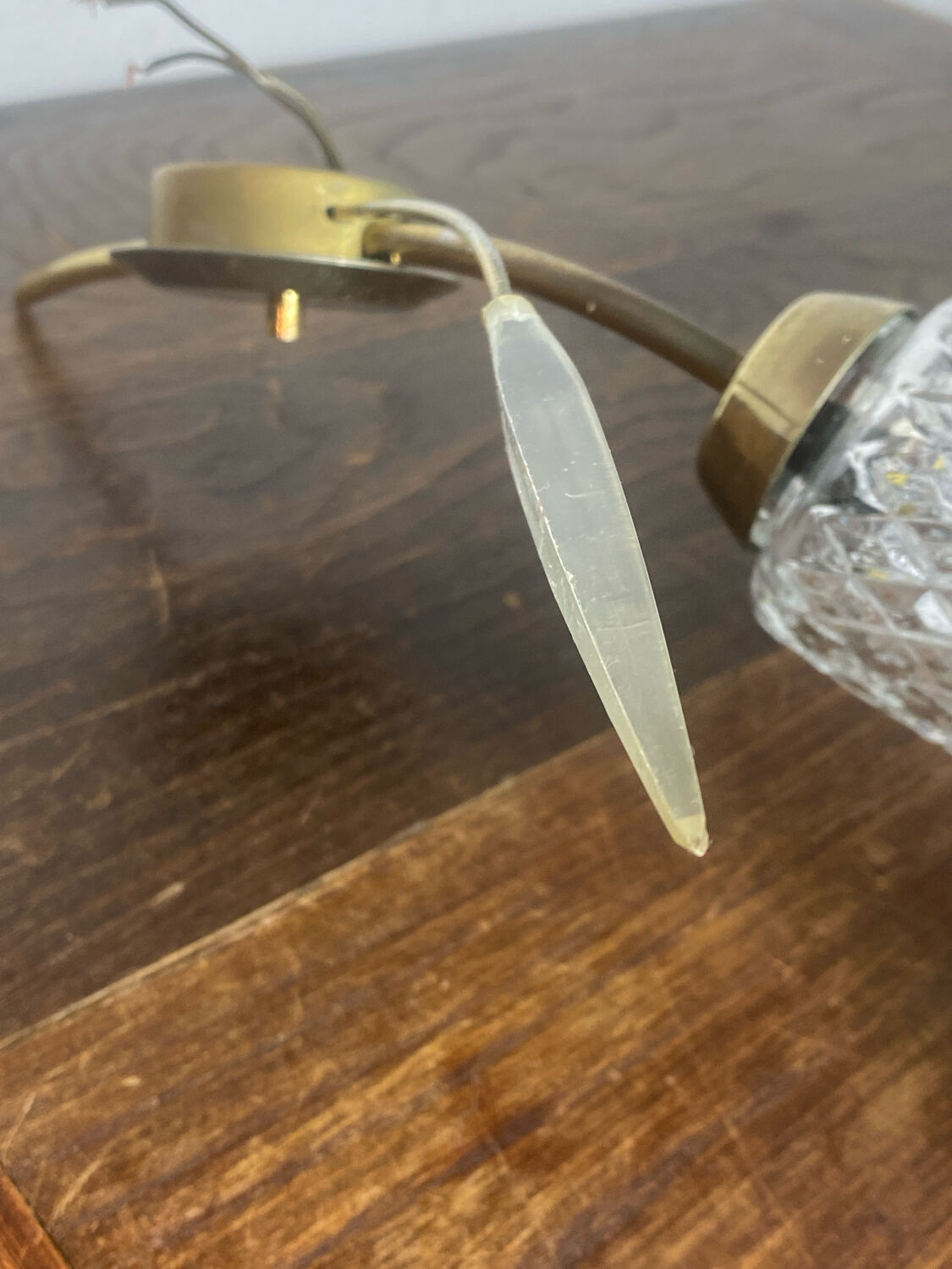 Pair of retro wall lights, brass and glass