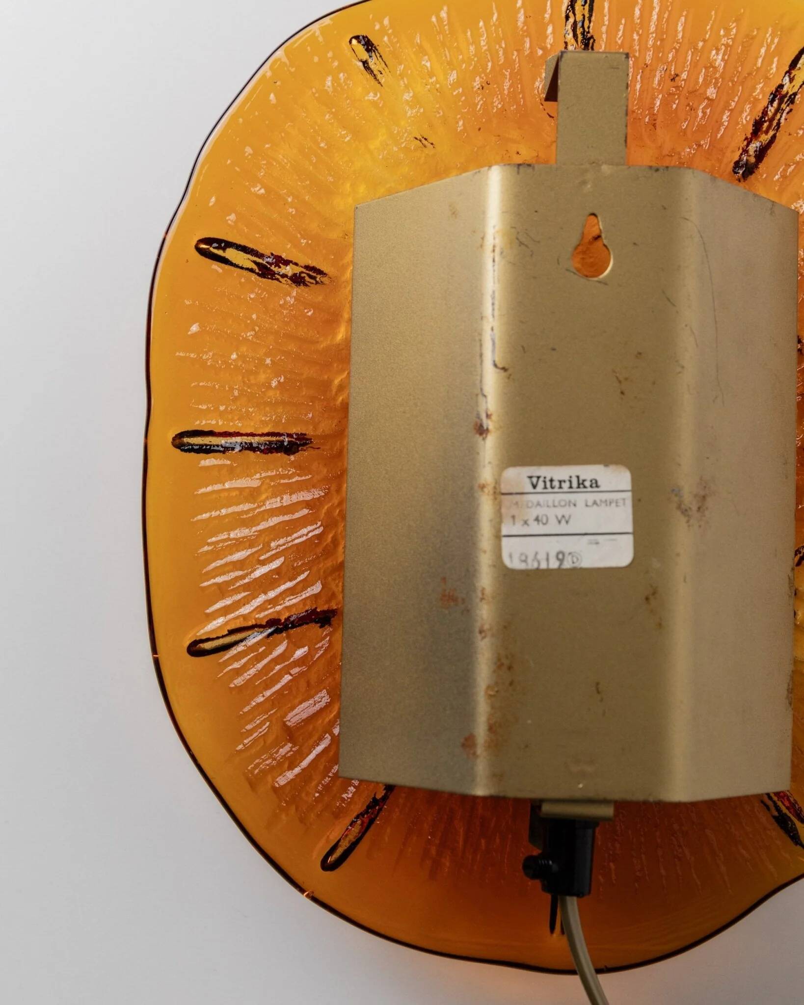 Orange Glass & Metal Wall Lamp Medaillon by Vitrika, 1960s Boho Vintage