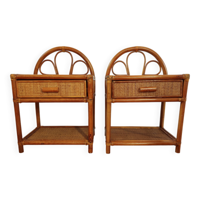 Paire de tables de chevet en rotin et cannage – circa 1960