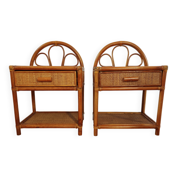 Paire de tables de chevet en rotin et cannage – circa 1960