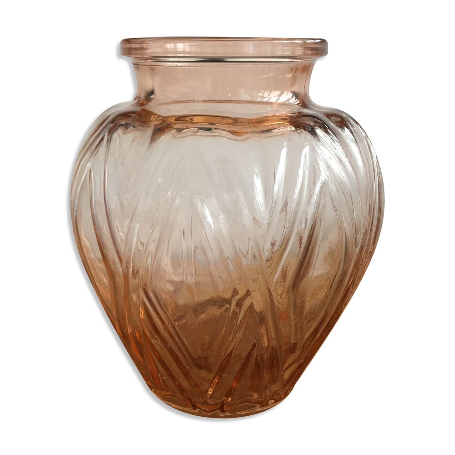 Pressed glass vase molded pink Art Deco