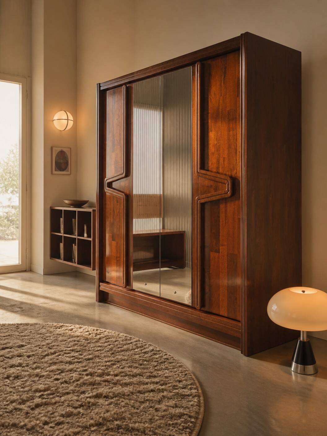 Modernist mahogany wardrobe with smoked mirrors (late 1970s)