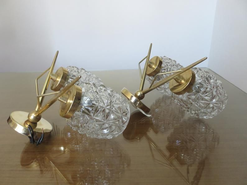 Pair of double appliques "Pierre Disderot" in brass and glass 50 60 years