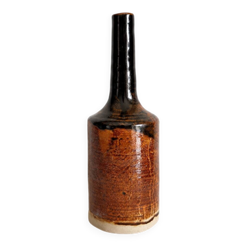 Brown and black glazed stoneware single flower vase, antique handmade pottery.