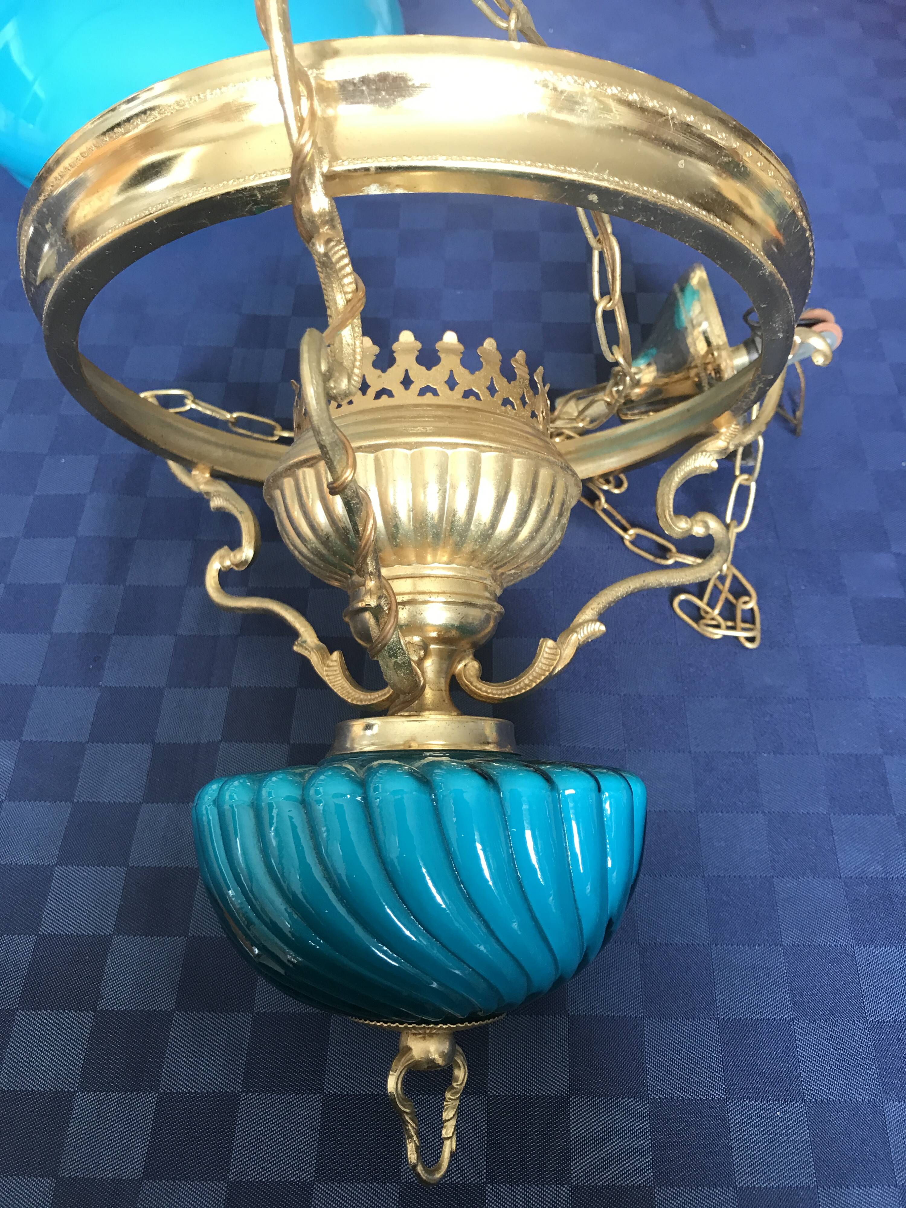 Pendant light in turquoise green opaline & brass