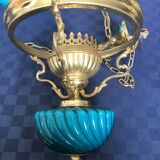 Pendant light in turquoise green opaline & brass