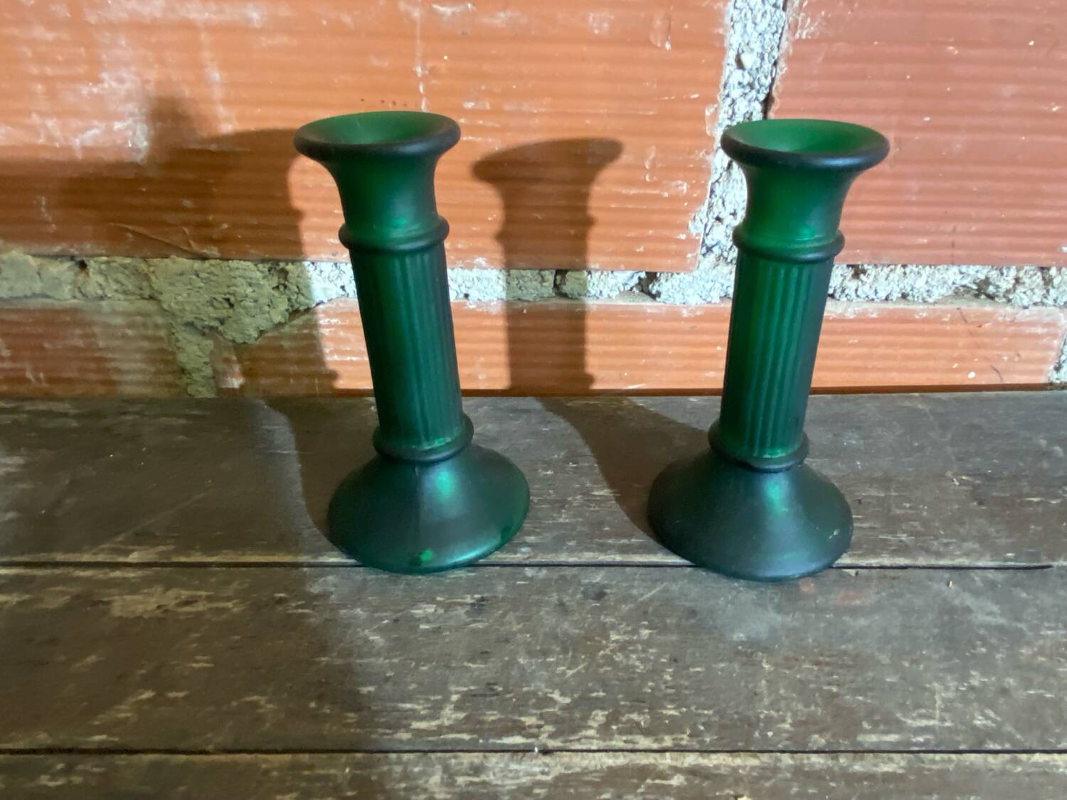 Pair of Antique Green Moulded Glass Candle Holders Column Shape Vintage #D813