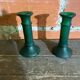 Pair of Antique Green Moulded Glass Candle Holders Column Shape Vintage #D813