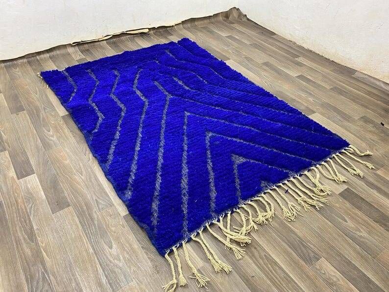 Tapis en laine pure fait main sur mesure traditionnelle bleu 1,5/2,5 m