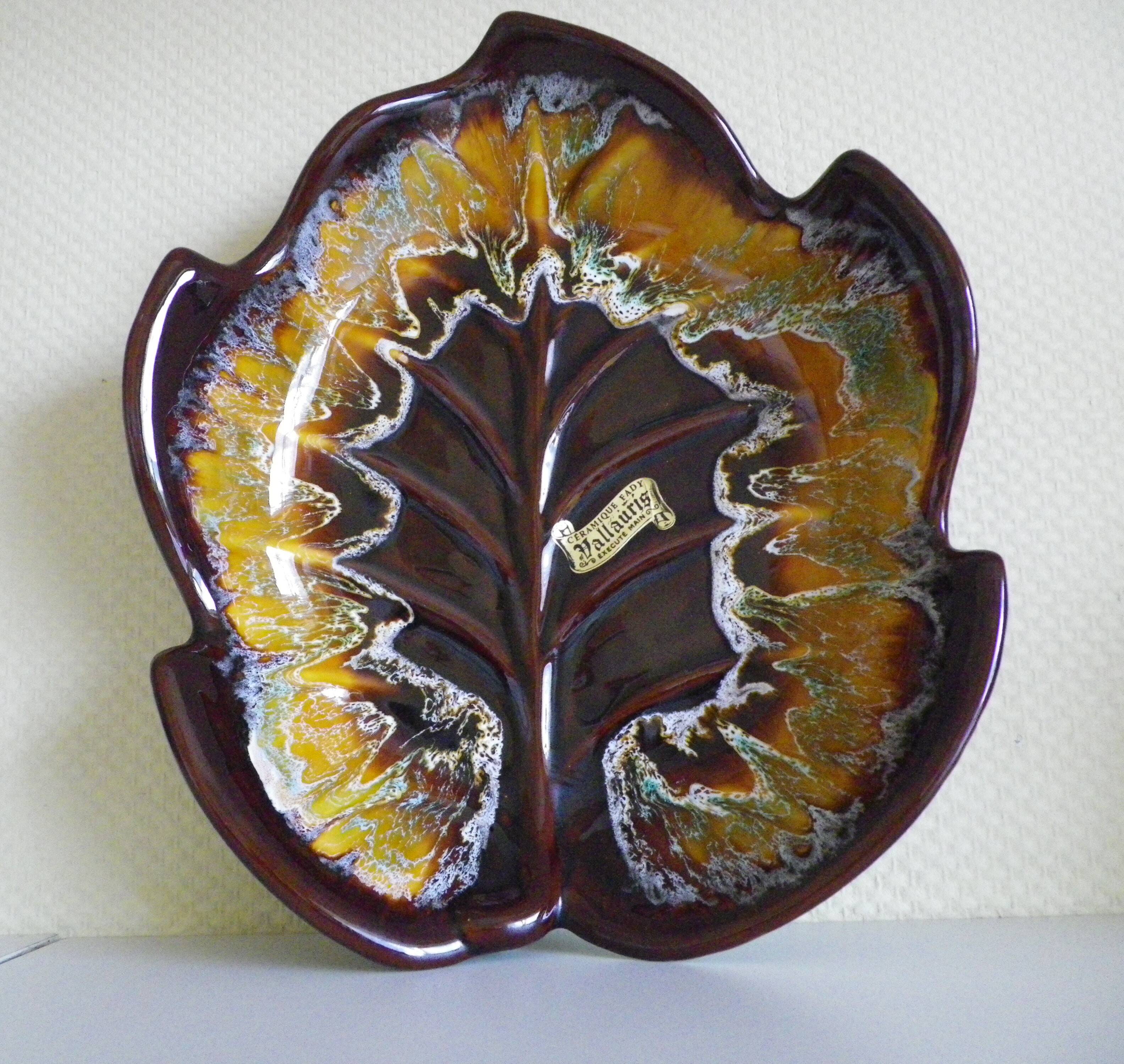 Vallauris dish, hand-made ceramic, leaf shape