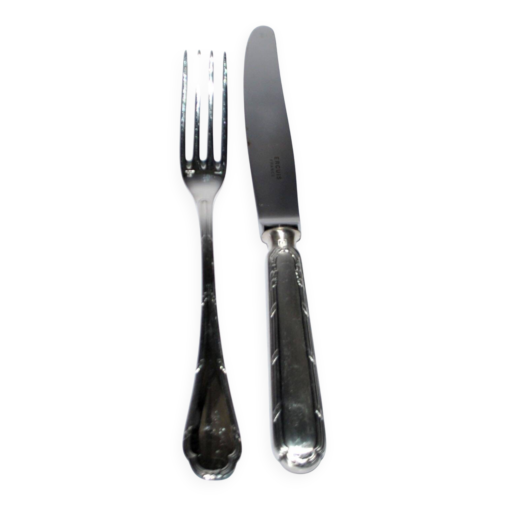 Ercuis set of 2 Trianon metal-plated dessert cutlery with crossed ribbon for cheese starter.