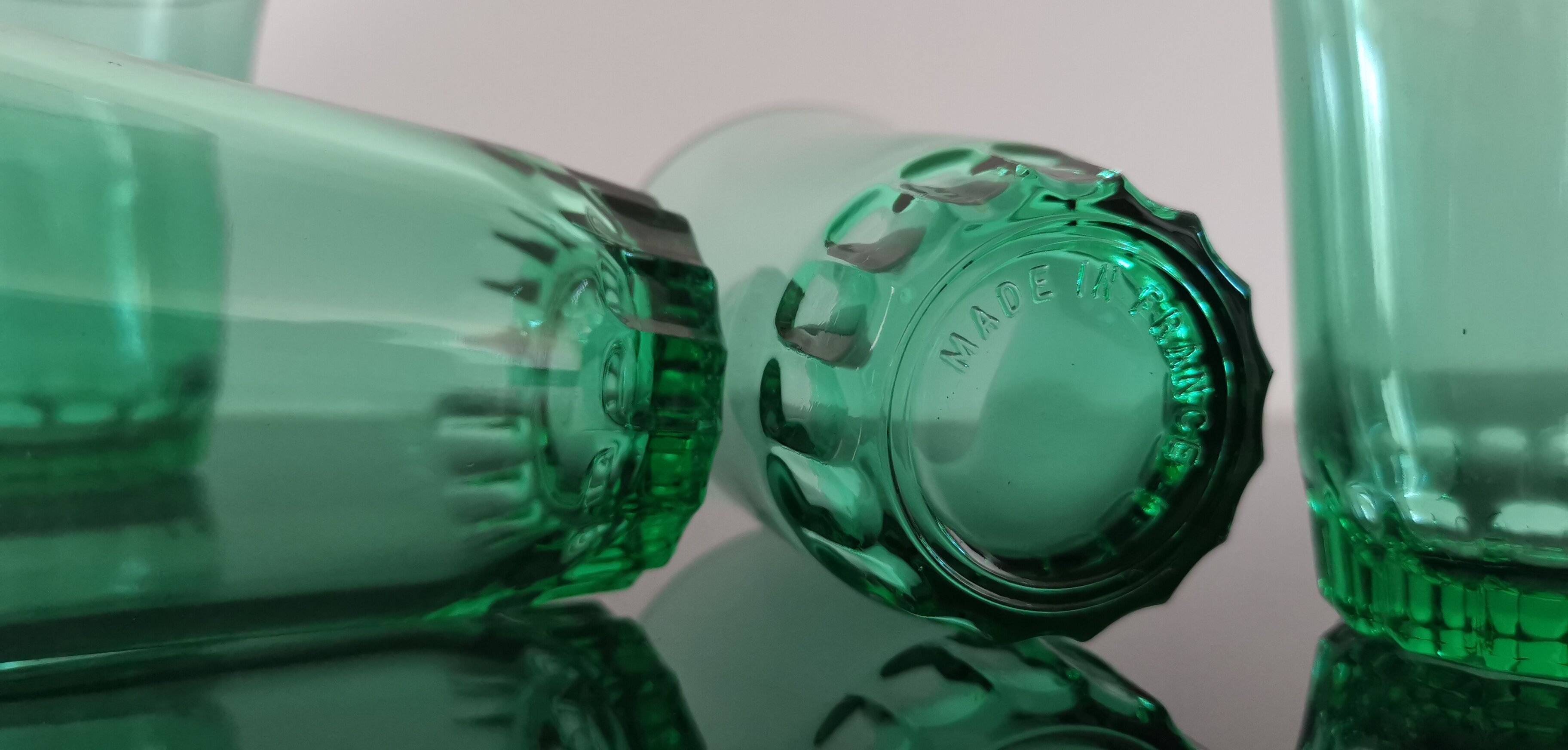 6 old emerald green water glasses