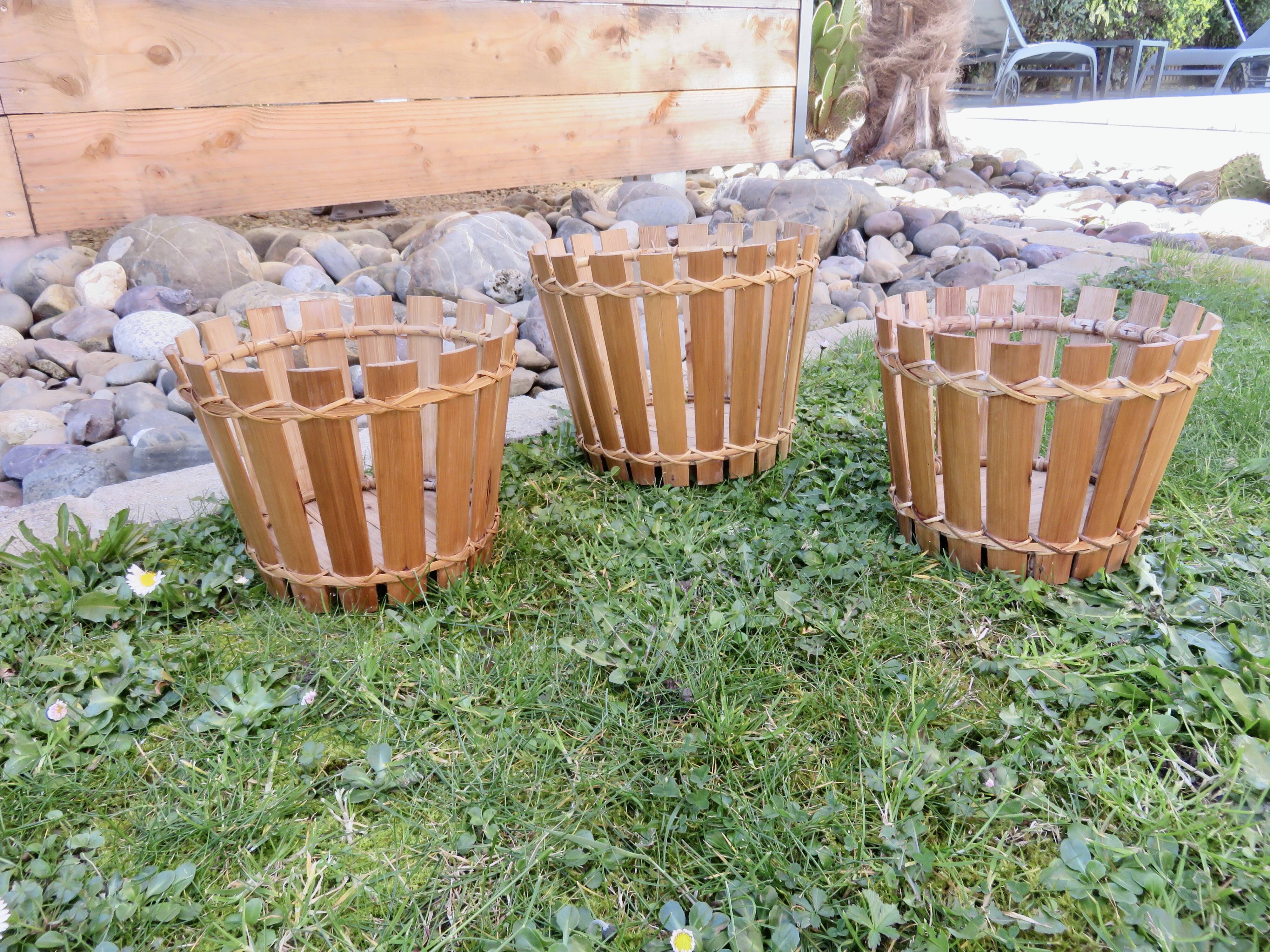 Série de 3 cache pots en bambou années 70