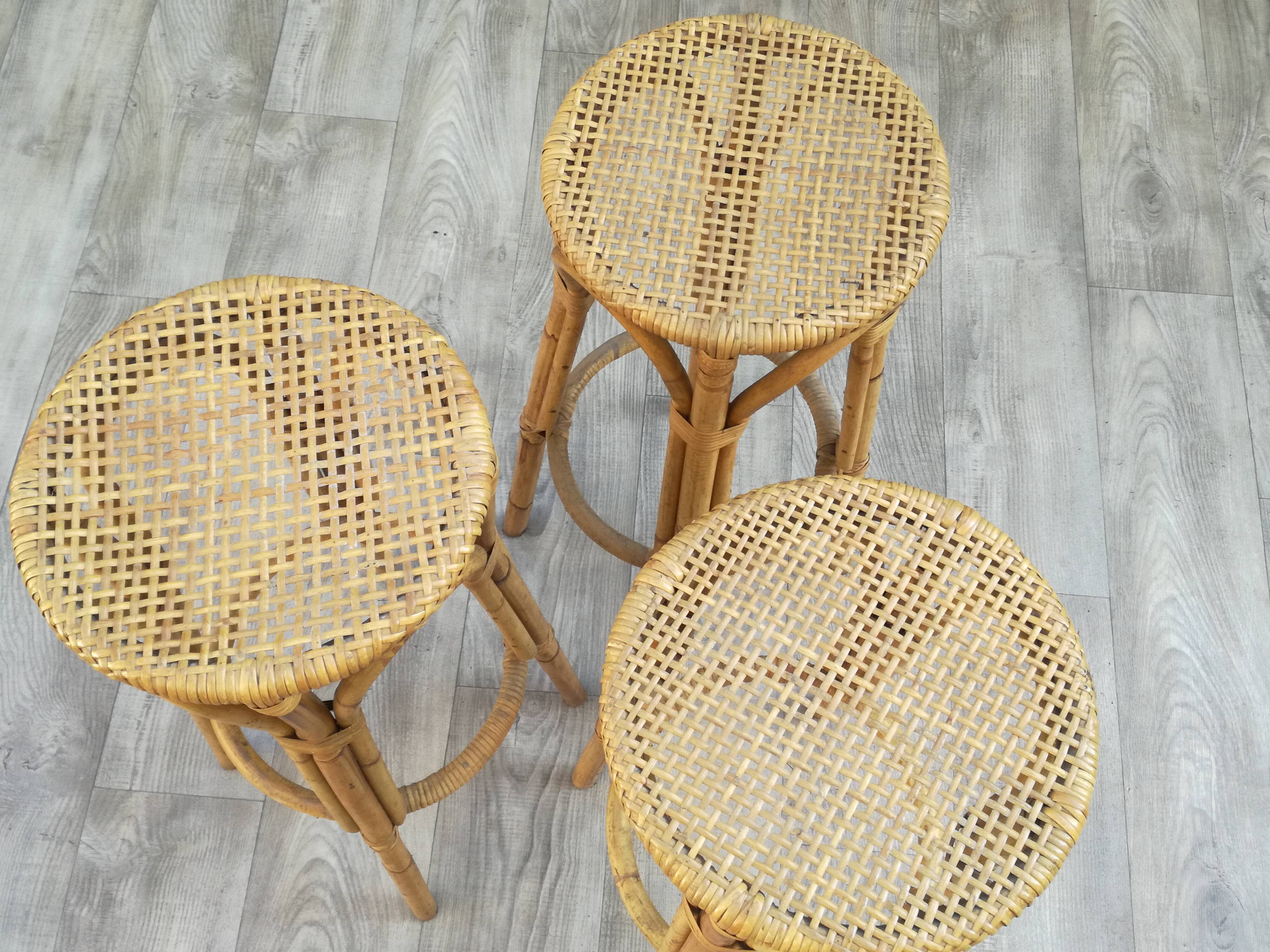 Set of 3 vintage rattan and bamboo stools