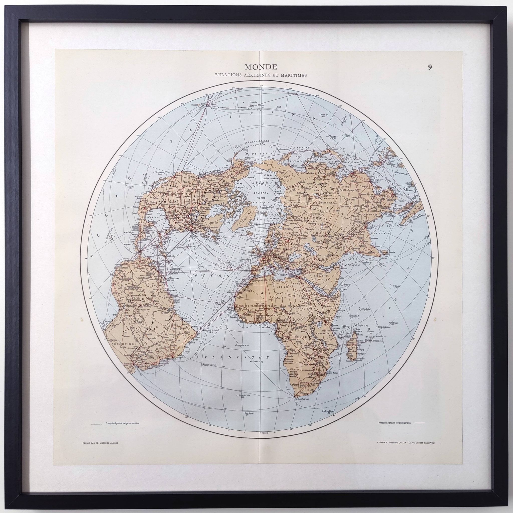 World map, planisphere, vintage air and sea routes from 1950.