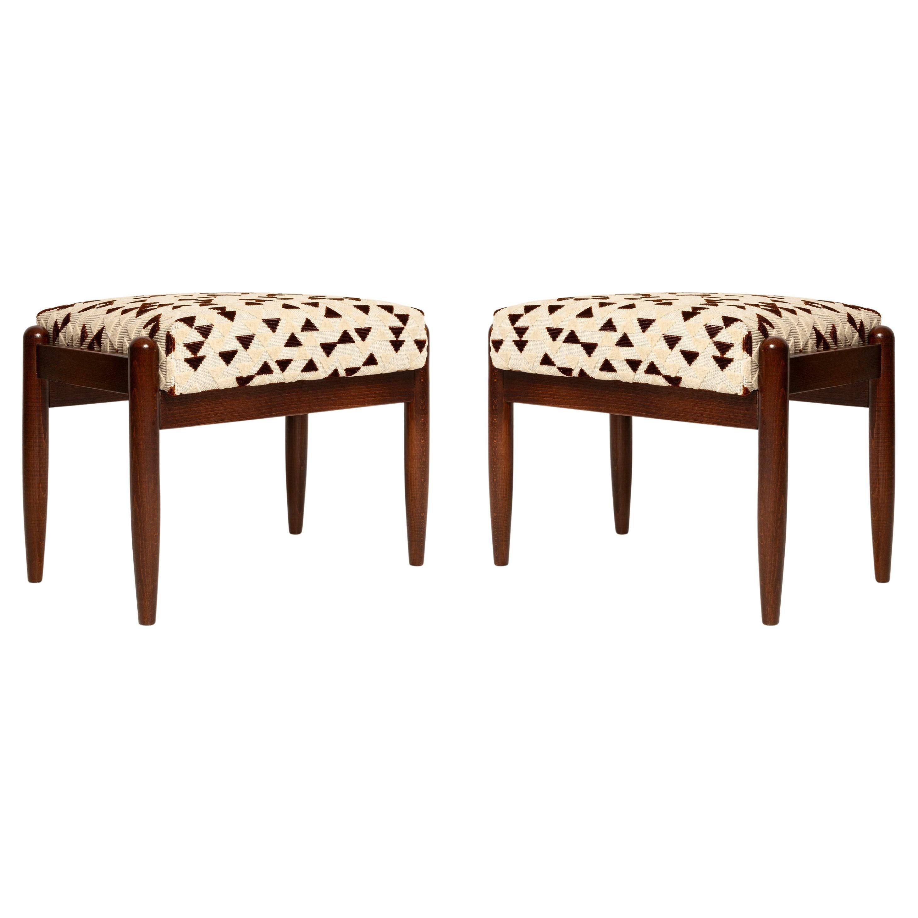 Two GFM mid-century stools in jacquard designed by Dedar, E. Homa, Europe, 1960s.