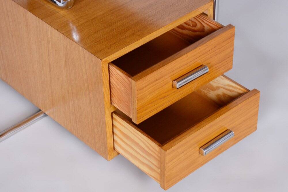 Bauhaus Writing Desk in Oak, Chrome-Plated Steel, Germany, 1930s