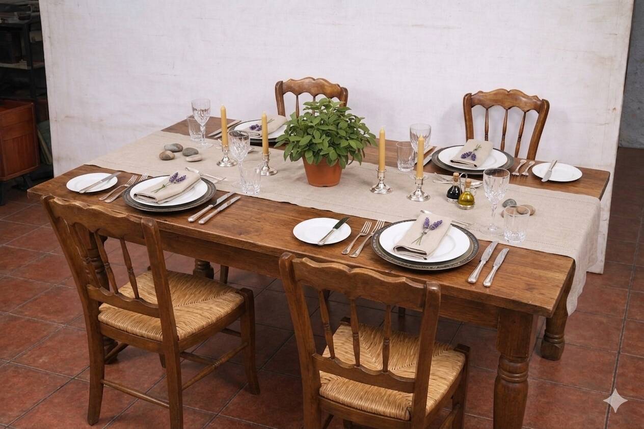 4 rustic farmhouse chairs made of wood and straw